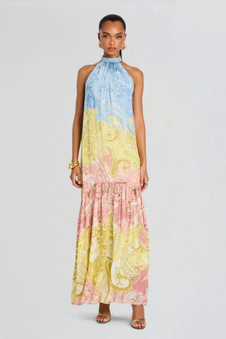 Paisley Print Halter Neck Backless Long Dress