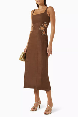 Statement Cut-Out Linen Blend Long Dress with Metal Eyelet Details