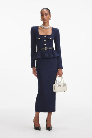 Textured Knitted Peplum Cardigan and High-Waist Skirt Set with Belt