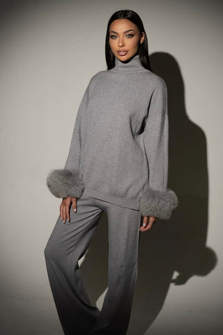 Faux Fur Trim Turtleneck Knit Set – Long Sleeve Top & Wide-Leg Pants