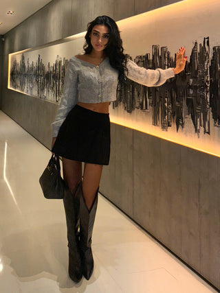 Luxury Off-Shoulder Mohair Cardigan with Crystal Button Accents