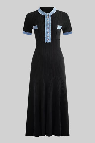 Short Sleeves Denim-Trimmed Knitted Long Dress
