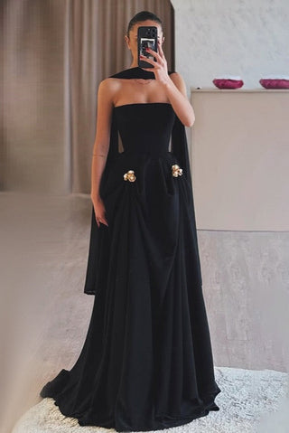 Black Strapless Cape Gown with Floral Pearl Embellishments