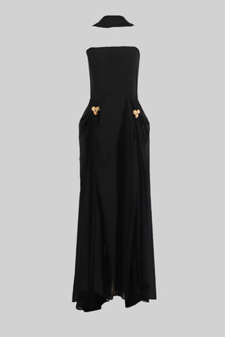 Black Strapless Cape Gown with Floral Pearl Embellishments