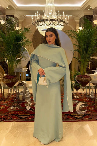Pearl Trim Minimal Design Dress – Chiffon Material, Long Flared Sleeves