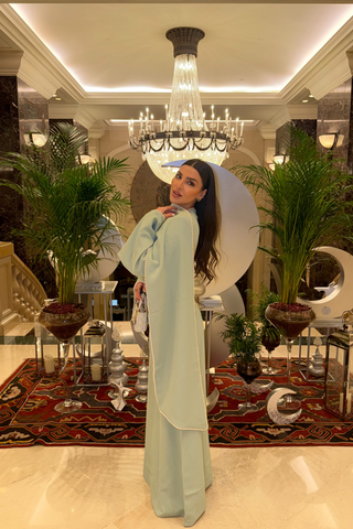 Pearl Trim Minimal Design Dress – Chiffon Material, Long Flared Sleeves
