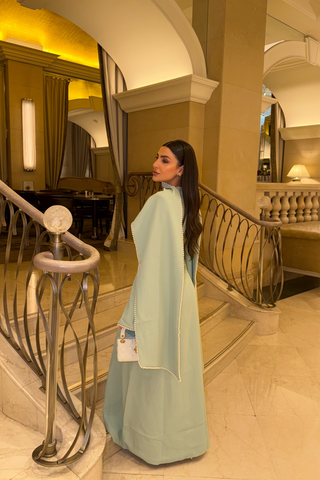 Pearl Trim Minimal Design Dress – Chiffon Material, Long Flared Sleeves