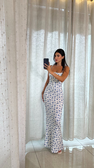 Floral Blue Front Tie Long Dress