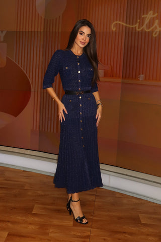 Shimmer Knit Mid-Long Dress with Three-Quarter Sleeves and Front Buttons