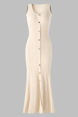 Sleeveless Ribbed Knit Midi Dress with Floral Button Front