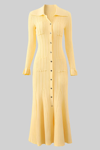 Long Sleeve Ribbed Knit Long Dress with Collar Button Front and Pocket Detail