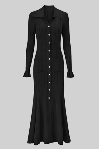 Long Sleeve Ribbed Knit Long Dress with Collar Button Front and Pocket Detail
