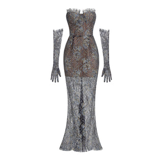 Elegant Black Lace Strapless Corset Long Dress with Sheer Fishtail Skirt and Matching Opera Gloves
