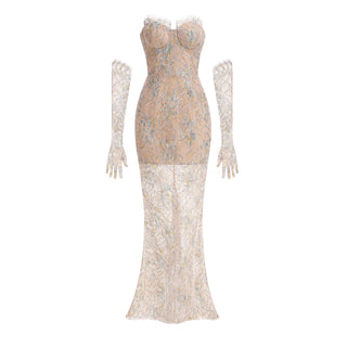 Elegant Black Lace Strapless Corset Long Dress with Sheer Fishtail Skirt and Matching Opera Gloves