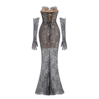 Elegant Black Lace Strapless Corset Long Dress with Sheer Fishtail Skirt and Matching Opera Gloves
