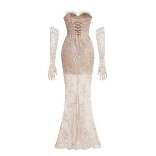 Elegant Black Lace Strapless Corset Long Dress with Sheer Fishtail Skirt and Matching Opera Gloves