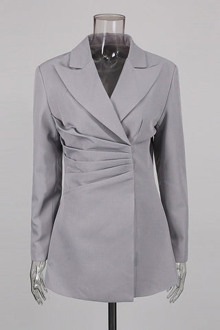 Long Sleeve Draped Pleated Blazer Dress with V-Neck Lapel