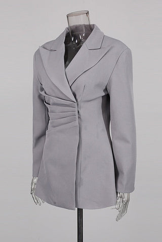 Long Sleeve Draped Pleated Blazer Dress with V-Neck Lapel