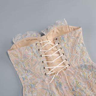 Elegant Black Lace Strapless Corset Long Dress with Sheer Fishtail Skirt and Matching Opera Gloves