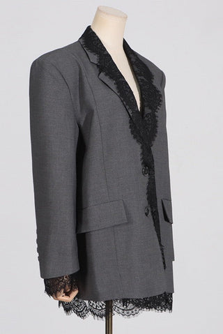 Lace-Trimmed Oversized Blazer Dress with Structured Shoulders