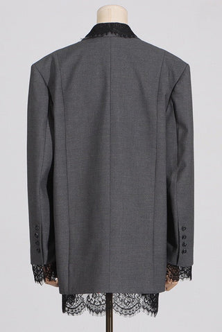 Lace-Trimmed Oversized Blazer Dress with Structured Shoulders