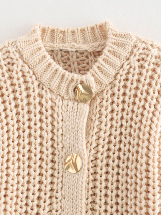 Chunky Knit Cardigan Jacket with Stylish Gold Buttons