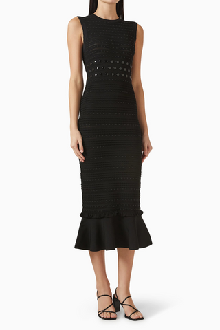 Ribbed Knit Midi Dress with Studded Waist Detail, Sleeveless Fit and Flared Hem