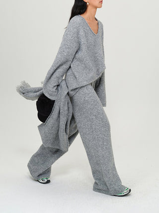 Gray Knitted V-Neck Sweater Comfy Set with Wide-Leg Pants (without Scarf)