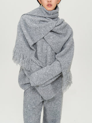 Gray Knitted V-Neck Sweater Comfy Set with Wide-Leg Pants (without Scarf)