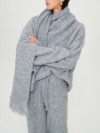 Gray Knitted V-Neck Sweater Comfy Set with Wide-Leg Pants (without Scarf)