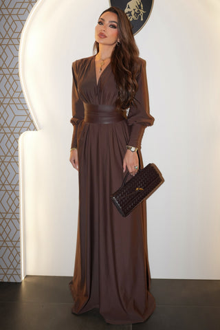 Roselyn Long Sleeve Belted Long Dress