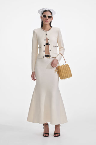 Embellished Pearl and Rhinestone Knit Cardigan with Matching Flared Midi Skirt Set