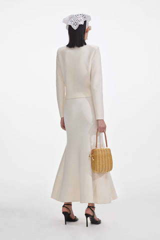 Embellished Pearl and Rhinestone Knit Cardigan with Matching Flared Midi Skirt Set