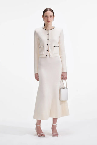 Embellished Pearl and Rhinestone Knit Cardigan with Matching Flared Midi Skirt Set