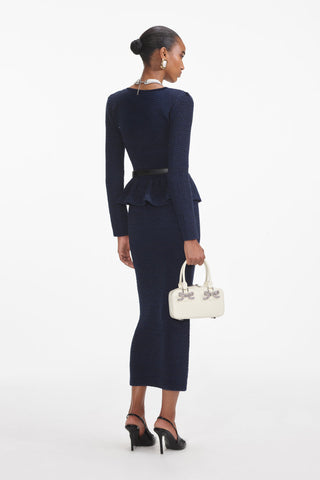 Textured Knitted Peplum Cardigan and High-Waist Skirt Set with Belt