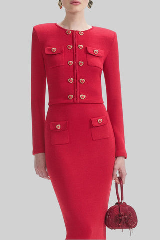 Heart-Button Knitted Cardigan and High-Waist Pencil Skirt Two-Piece Set