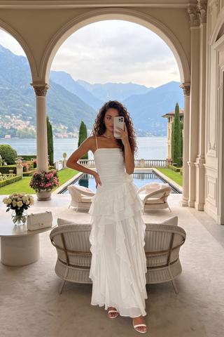 Statement Pleated Strapless Corset Long Dress with Dramatic Ruffles & Floral Detail