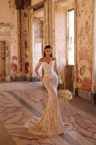 Off-Shoulder Long Sleeve Lace Mermaid Bridal Dress with 3D Floral Appliqué