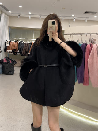 Luxurious Fur-Trimmed Robe Cape Coat