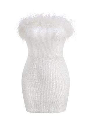 Salva Sequin Feather Strapless Mini Dress