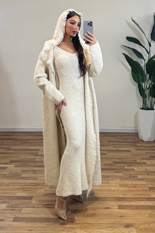 Knitted Maxi Dress and Long Hooded Cardigan Set with Fringe Trim