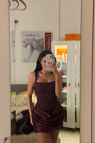 Draped Corset Mini Dress – Square Neck Satin Ruched Bodycon Dress