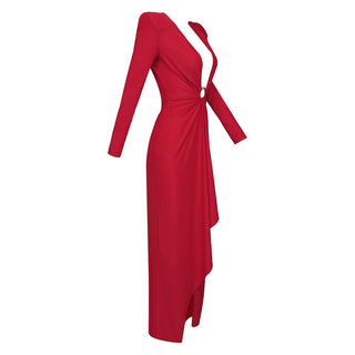 Elegant Long-Sleeve Long Dress V-Neck Evening Gown