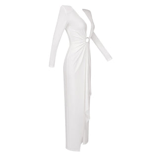 Elegant Long-Sleeve Long Dress V-Neck Evening Gown