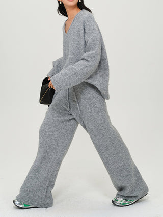 Gray Knitted V-Neck Sweater Comfy Set with Wide-Leg Pants (without Scarf)