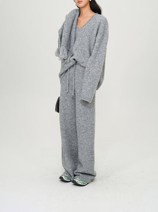 Gray Knitted V-Neck Sweater Comfy Set with Wide-Leg Pants (without Scarf)