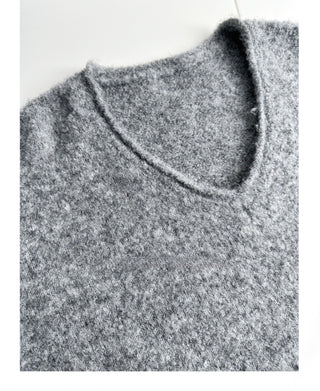 Gray Knitted V-Neck Sweater Comfy Set with Wide-Leg Pants (without Scarf)