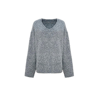 Gray Knitted V-Neck Sweater Comfy Set with Wide-Leg Pants (without Scarf)