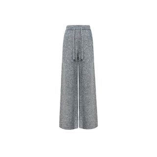 Gray Knitted V-Neck Sweater Comfy Set with Wide-Leg Pants (without Scarf)