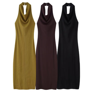 Sleeveless Halter Neck Backless Midi Dress